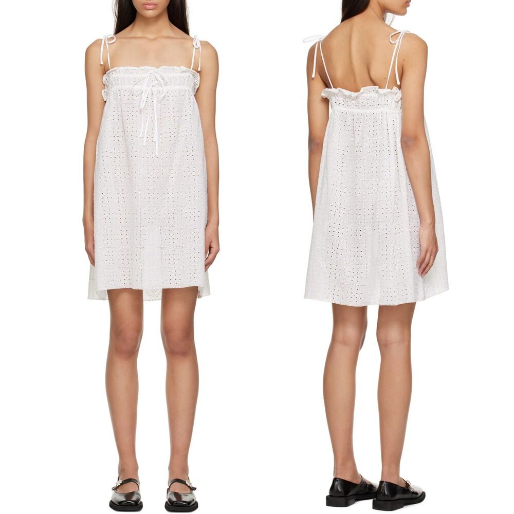Ganni Broderie Anglaise Mini Dress White Eyelet Lace Tent Tie Strap SZ 14